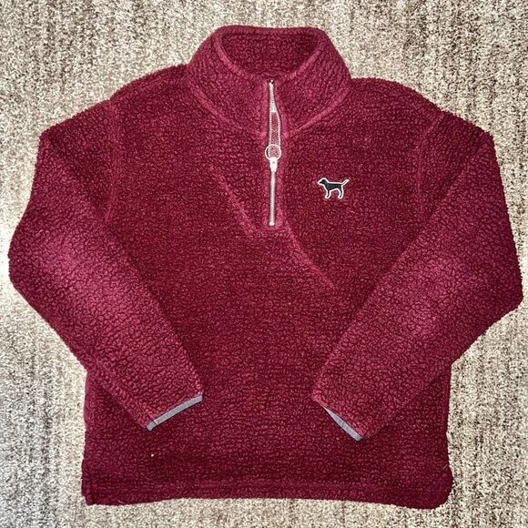 PINK Victoria's Secret Jackets & Blazers - PINK Victoria Secret Furry Sherpa Fleece Pullover 1/4 Zip Sweatshirt in Maroon